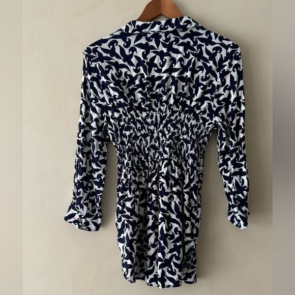 Anthropologie Maeve Alexa Smocked Bird Print Navy & White size S - Picture 4 of 4
